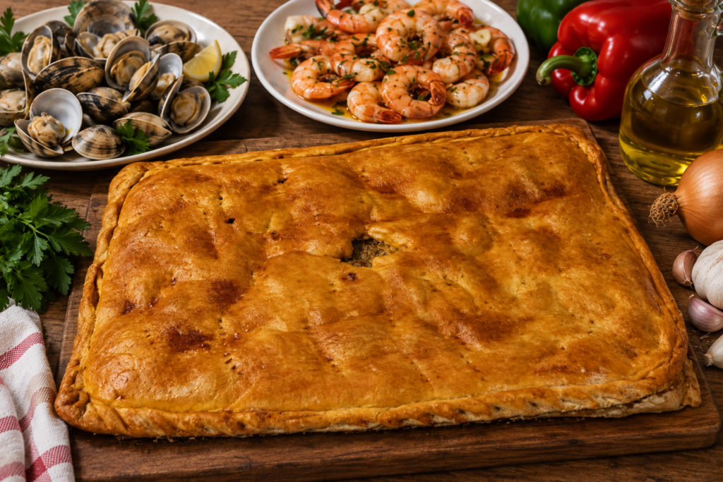 empanda de almejas y gambas al ajillo