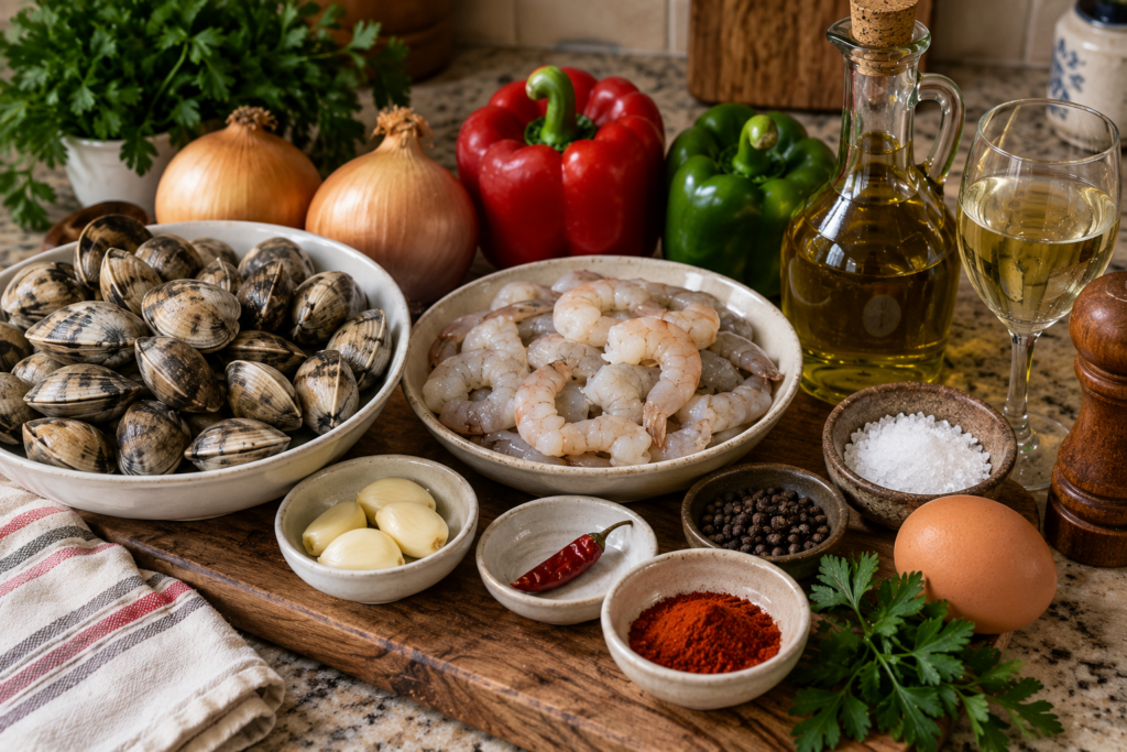 ingredientes empanada de almejas y gambas al ajillo